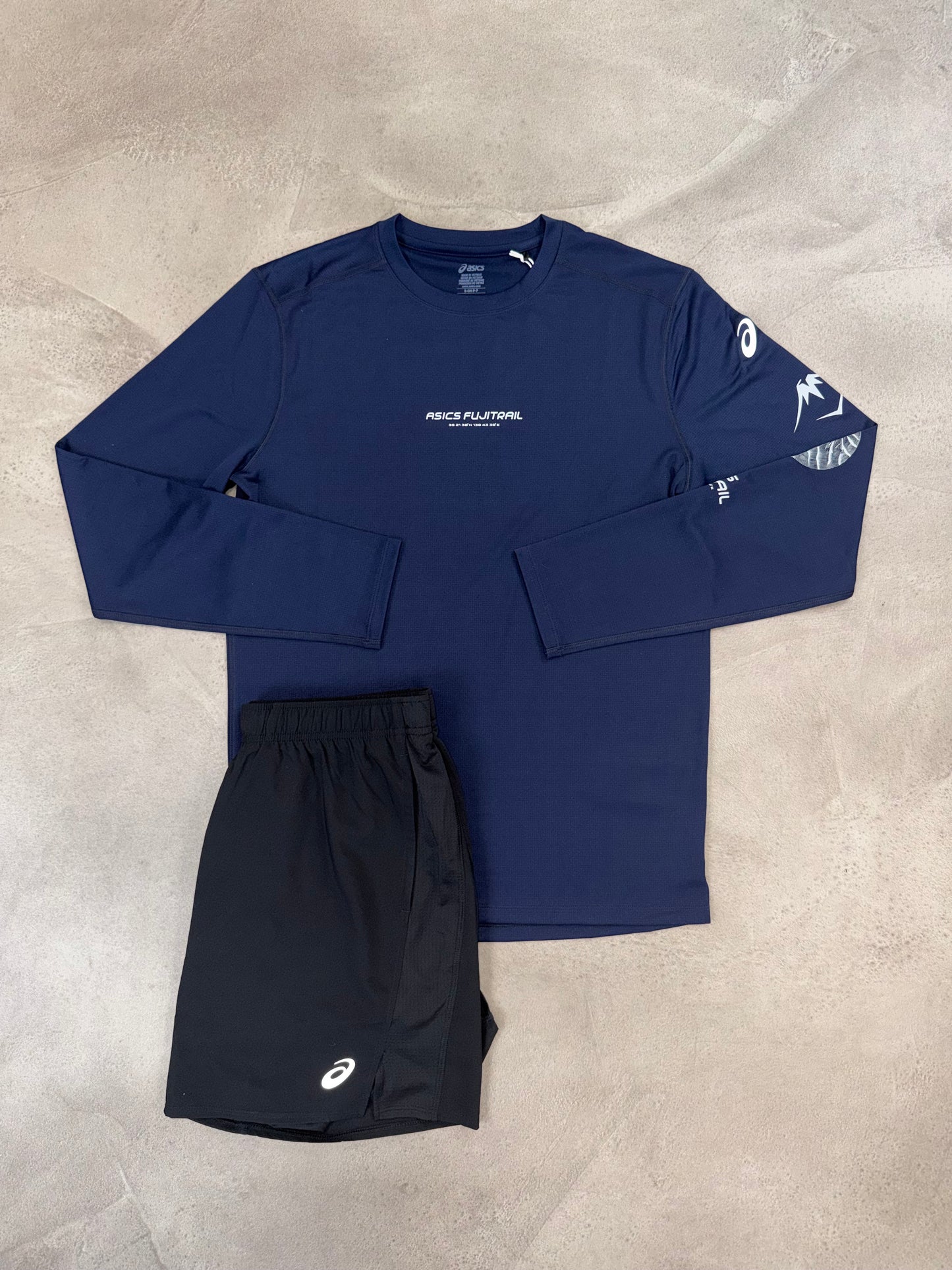 Asics Black Shorts & Navy Fujitrail Long Sleeve T-Shirt Set